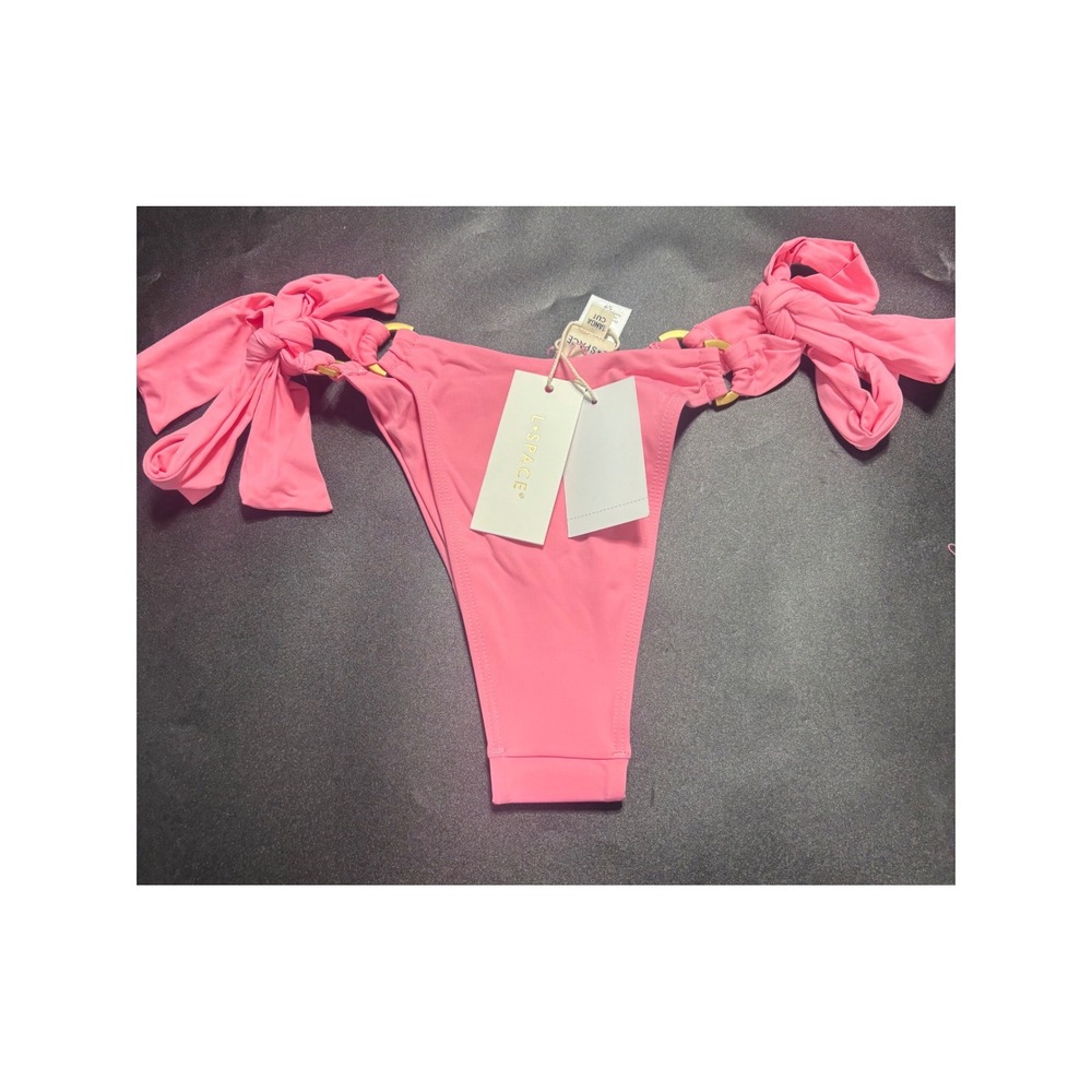 L*Space Kiki Tanga Bikini Bottom Guava Pink Gold Ring Side Tie LSKIG24 Small NEW
